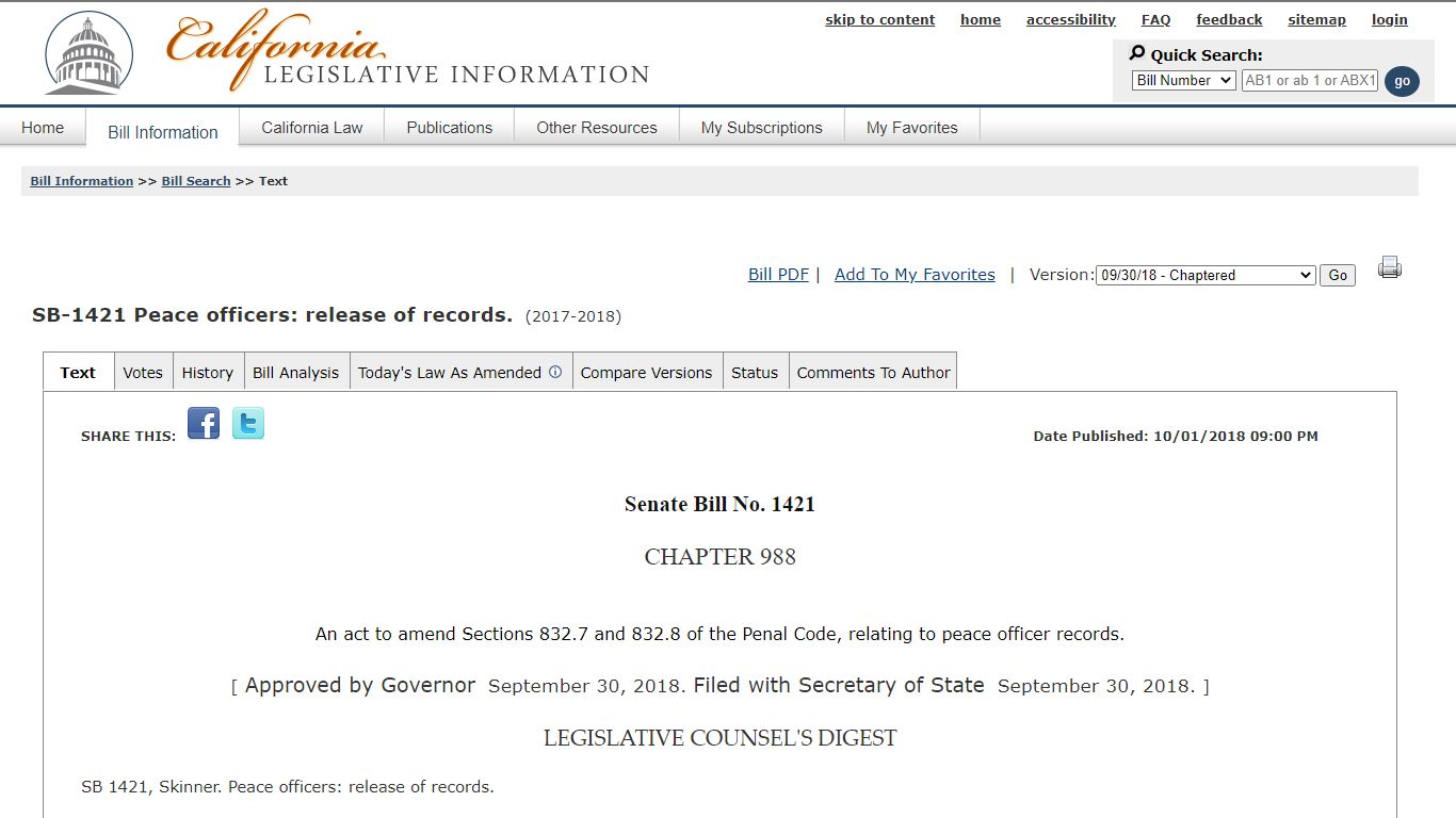 Bill Text - SB-1421 Peace officers: release of records.